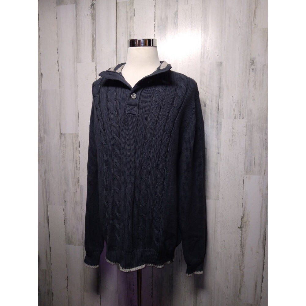 Eddie Bauer Men's TXL Cable Knit Sweater Blue Mock Neck Button Up